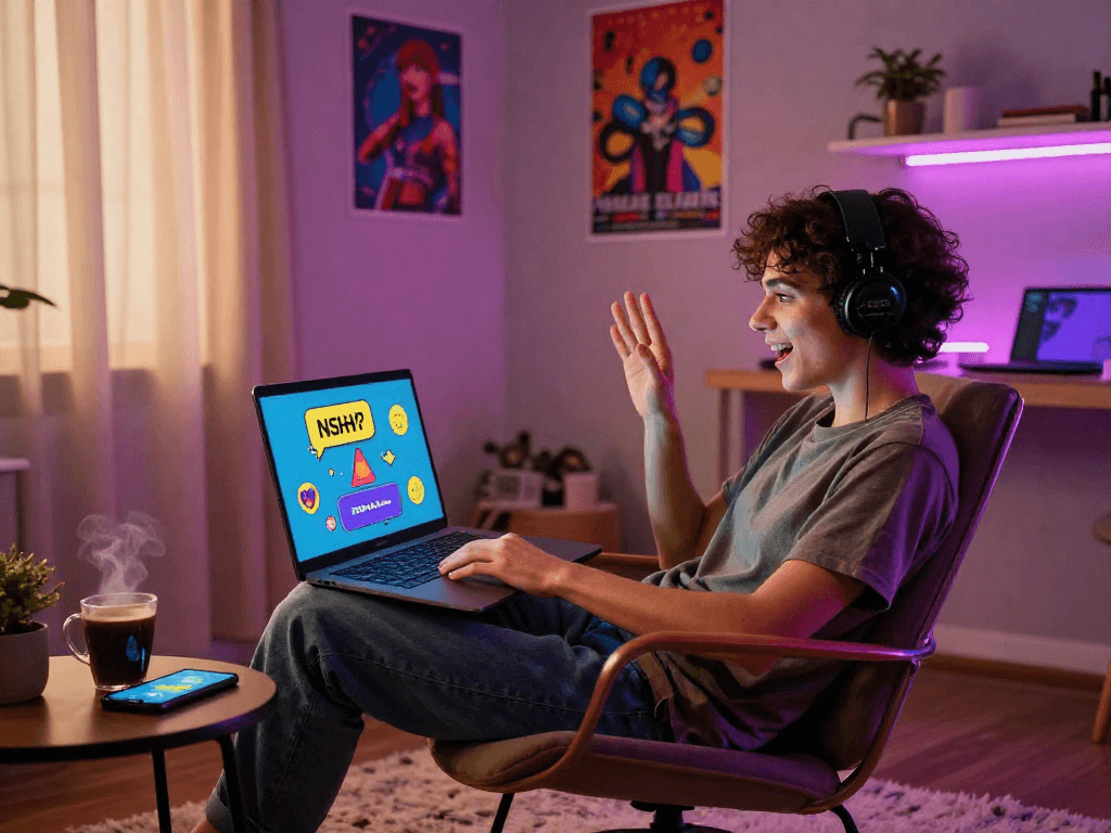 User engaged in an NSFW chat on a laptop in a cozy room, showcasing vibrant atmosphere and intimate interaction.