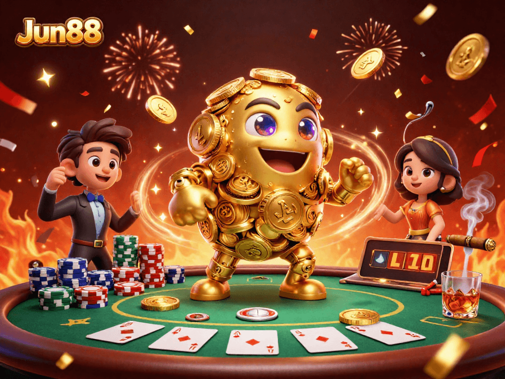 Experience thrilling gameplay at Jun88 with a 3D golden golem and vibrant poker scene.