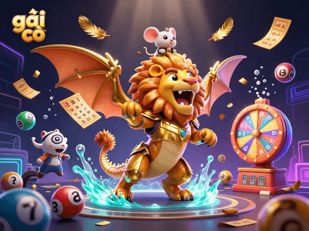 Engaging illustration of a golden chimera character with a mouse jockey celebrating winnings in a vibrant casino scene featuring lottery elements, tailored for gái gọi.