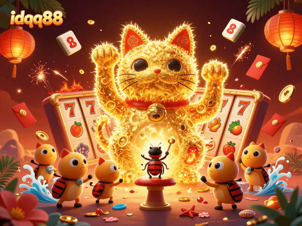 Engage with idqq88 for an exciting 3D visual of a lucky cat and dynamic casino elements.