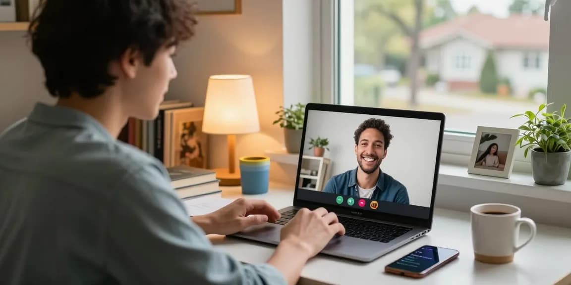 Random chat setup with a cozy home office, showcasing personal interaction on video call.