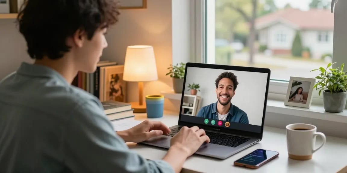 Random chat setup with a cozy home office, showcasing personal interaction on video call.