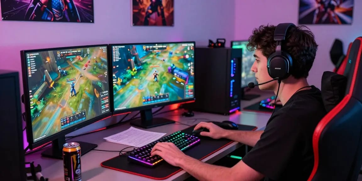 Player experiencing lucky77 gaming competition in a vibrant, high-tech setup with multiple screens and RGB lighting.