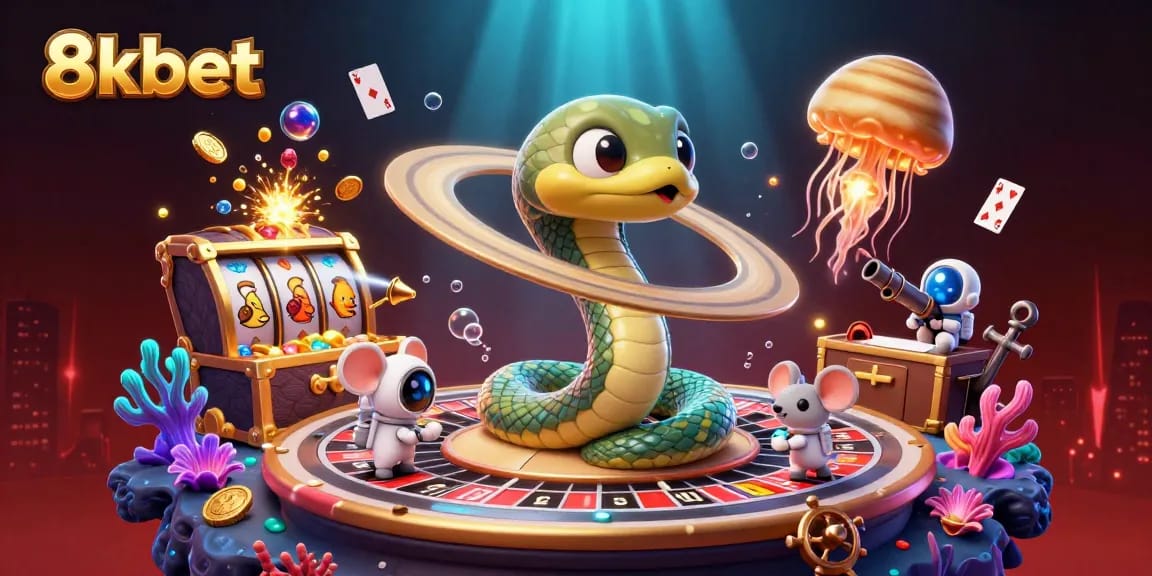8kbet showcases a cosmic casino scene with a Saturn snake and astronaut mice placing bets