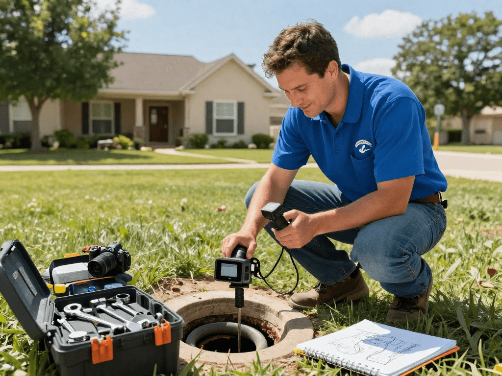 Sewer line service Fort Worth professional plumber inspecting residential sewer line with advanced tools and friendly atmosphere.