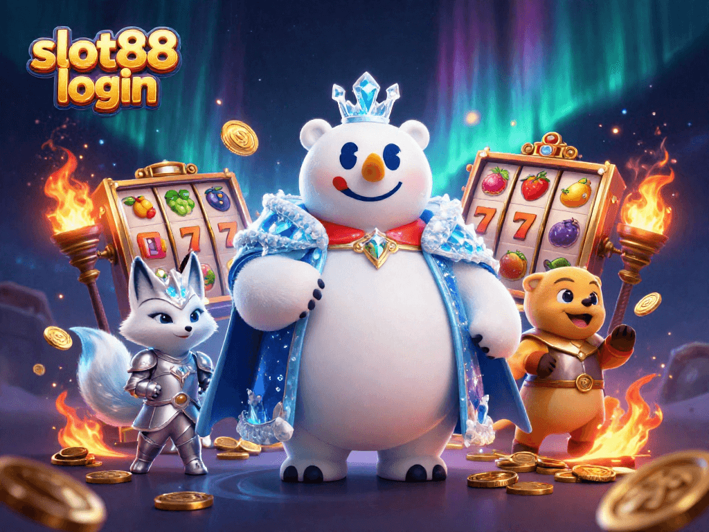 Experience slot88 login excitement with a 3D illustration of slot elements and charming characters.