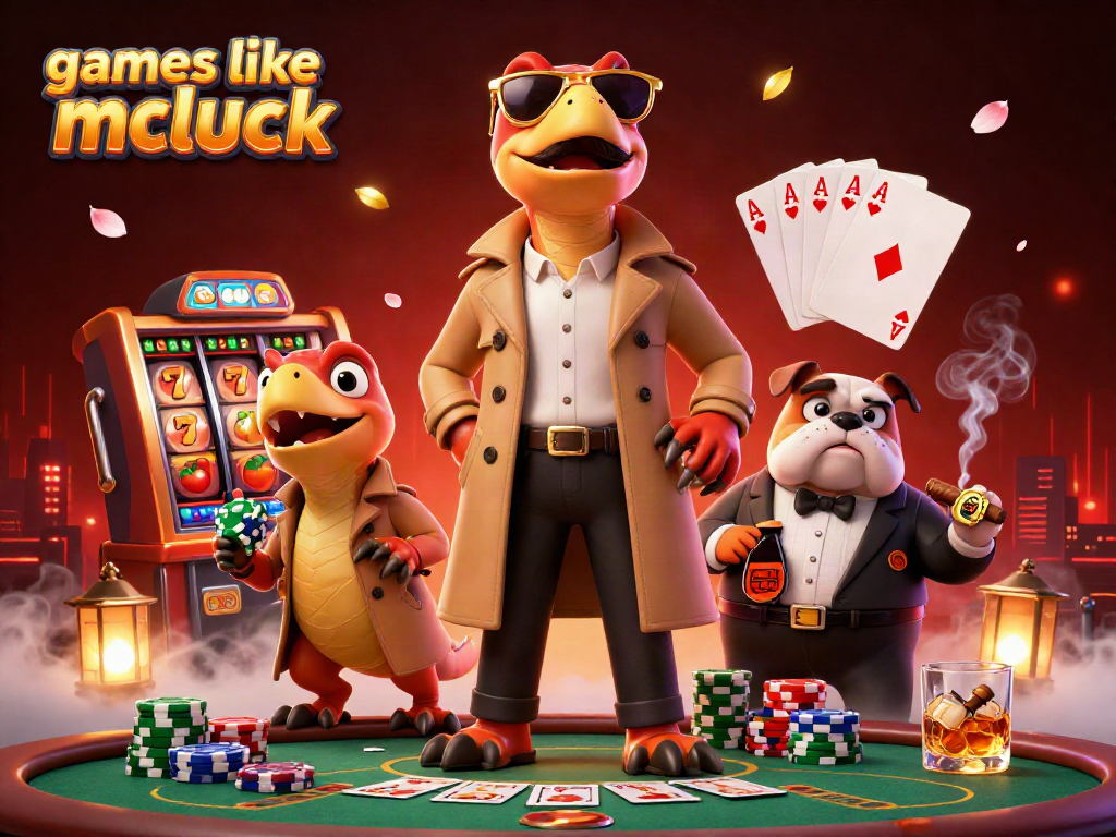 Play engaging casino games like mcluck featuring raptors and poker elements in an exciting lounge.