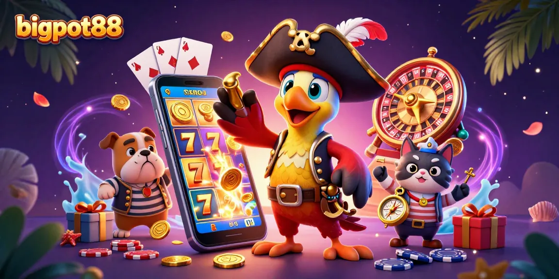 bigpot88 menghadirkan suasana kasino dengan karakter bajak laut dan elemen permainan slot yang meriah.