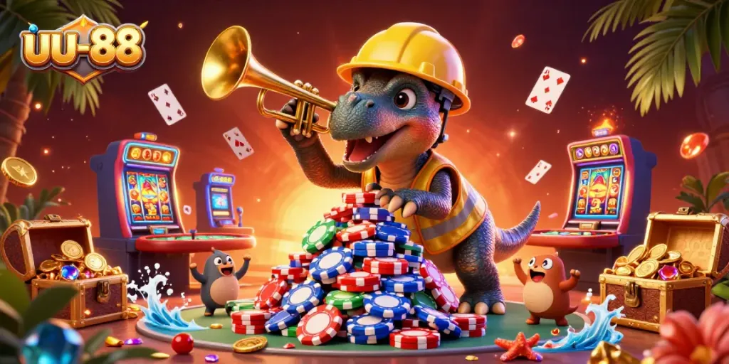 uu-88 showcases a thrilling casino scene with a triceratops celebrating a poker victory.