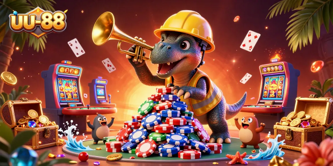 uu-88 showcases a thrilling casino scene with a triceratops celebrating a poker victory.