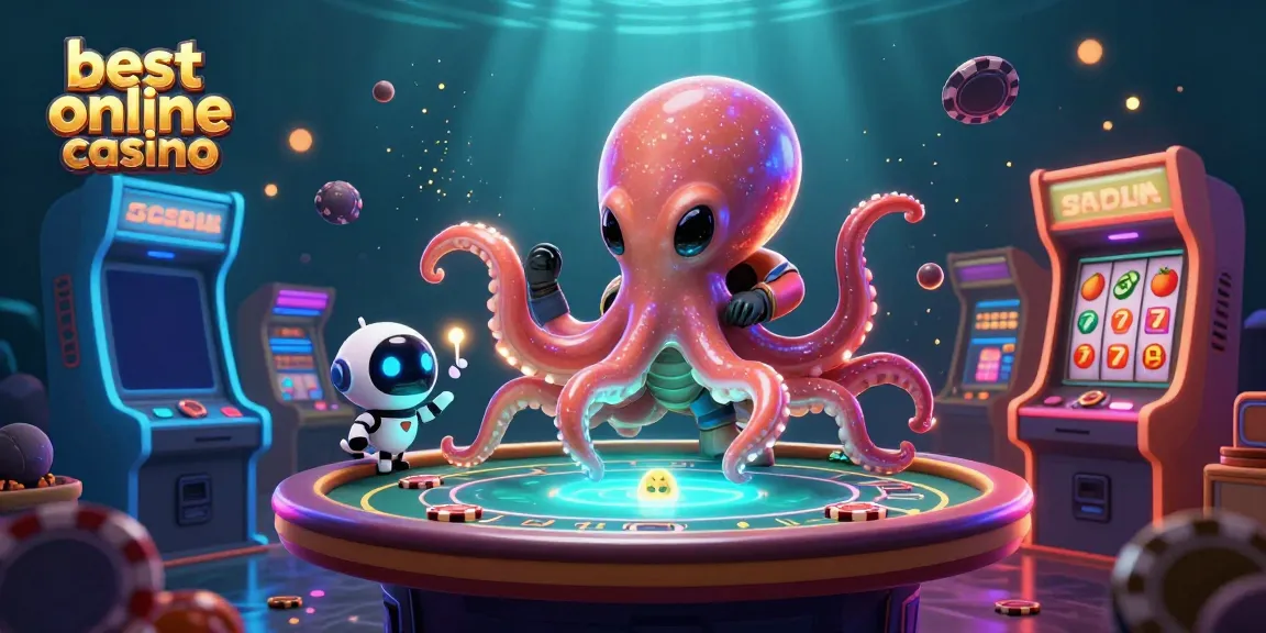 Experience the best online casino with an alien octopus running a poker table surrounded by vibrant game elements.