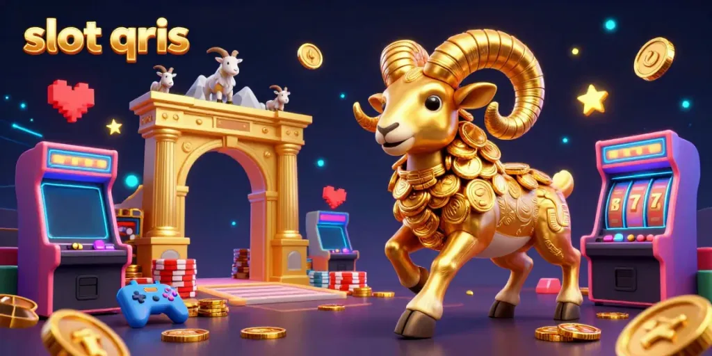 Engage with slot qris in a vibrant game atmosphere featuring a charging golden ram and casino elements.