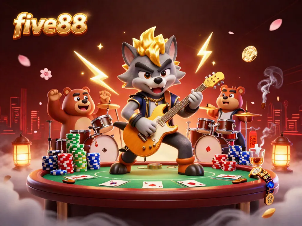 Action-packed scene with five88 characters performing at a casino, showcasing vibrant poker elements.