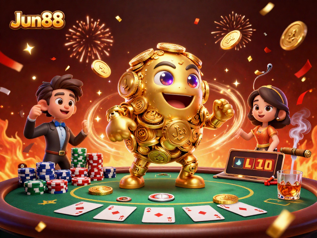 Experience thrilling gameplay at Jun88 with a 3D golden golem and vibrant poker scene.