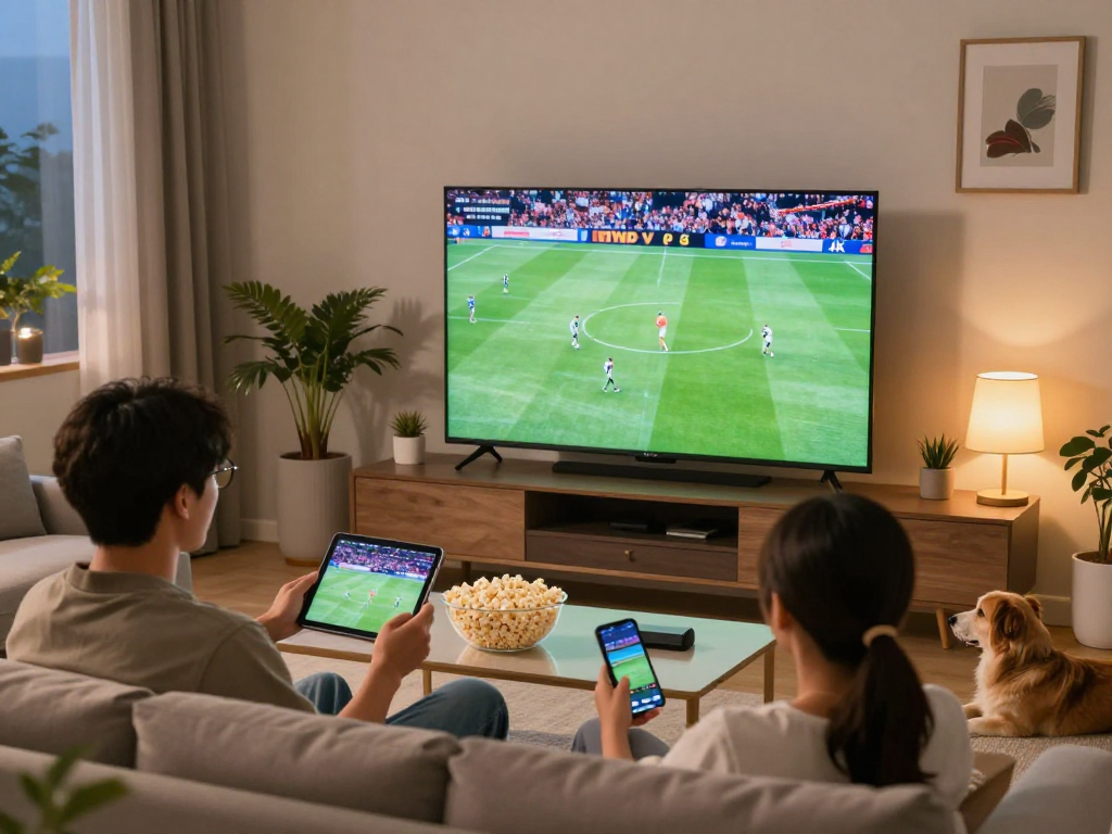 Gezellig IPTV kijkmoment met een jong stel, hakuna iptv in 4K kwaliteit op groot scherm.