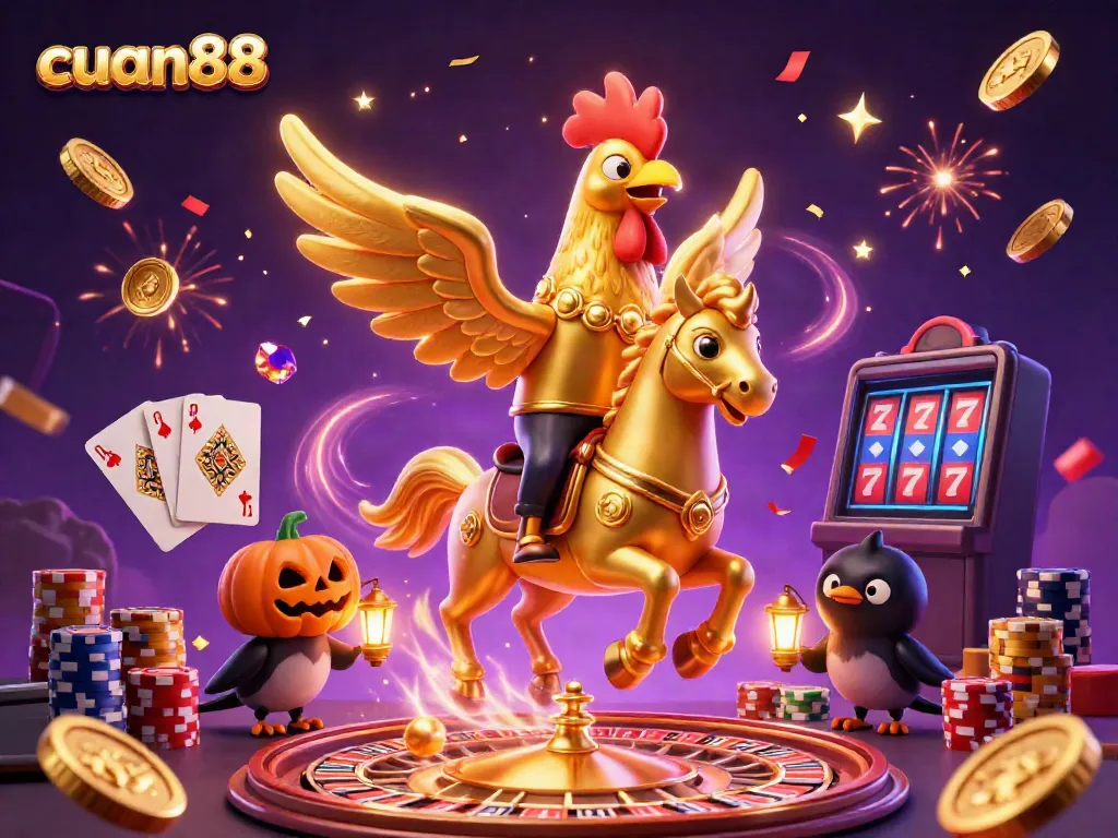 Experience the magic of cuan88 with a vibrant casino scene featuring a golden rooster and flying coins.