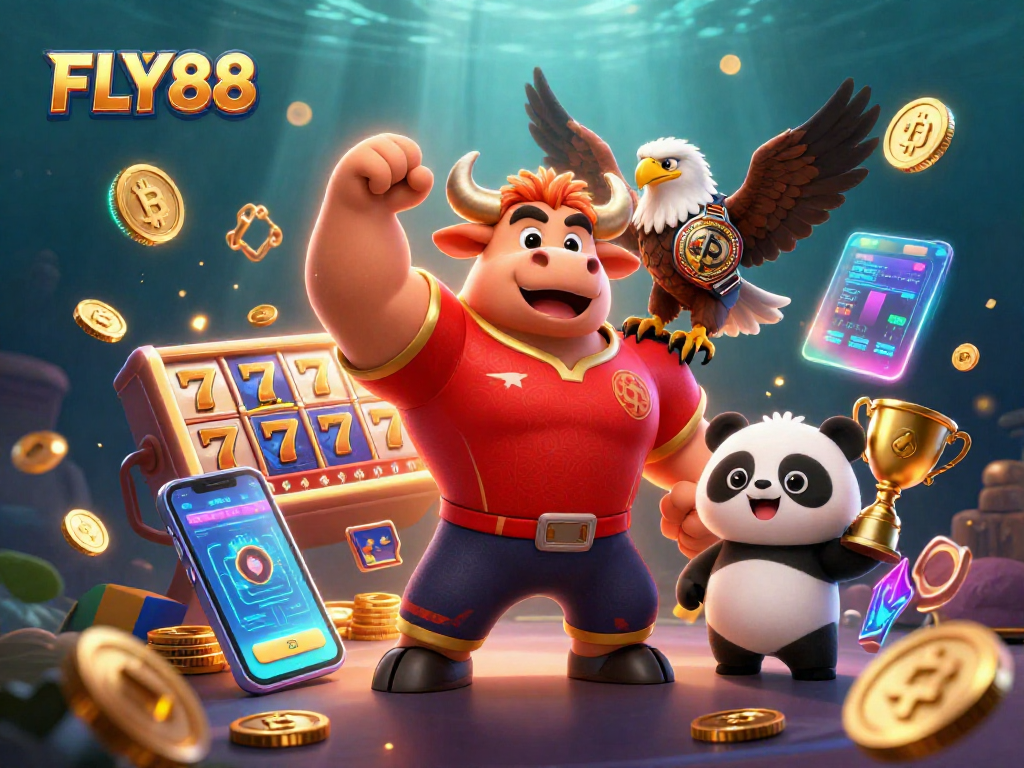 FLY88 slots come alive with a cartoon bull mascot, eagle, and panda in a vibrant casino scene.