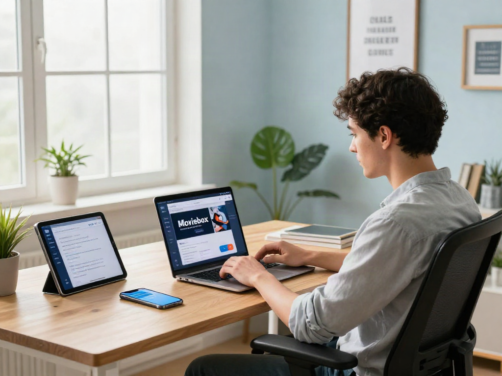 Moviebox app download displayed on a laptop in a bright modern home office.