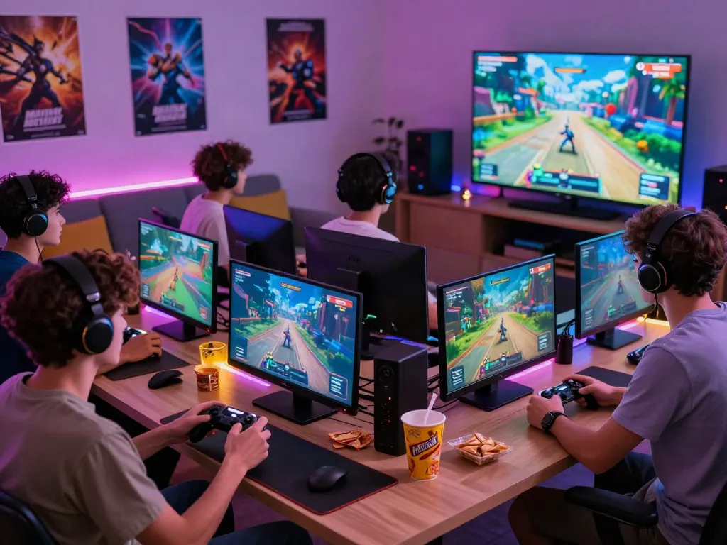 Không gian chơi game trực tuyến sôi động với vvwin, nhóm bạn trẻ cùng nhau trải nghiệm trò chơi.