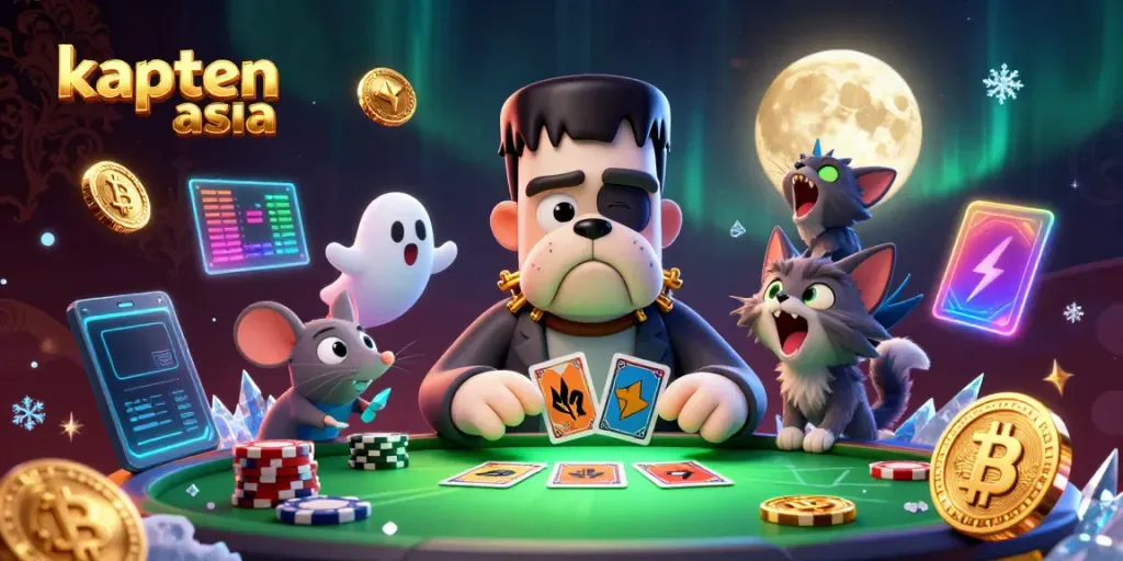 Melihat kapten asia yang menangani kartu di meja kasino dengan hantu tikus dan anak kucing serigala.