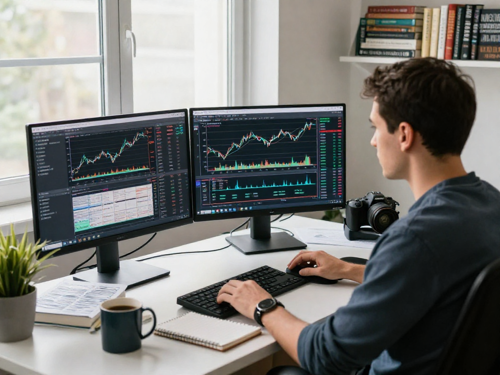 Trader using metatrader 5 at modern workstation analyzing charts
