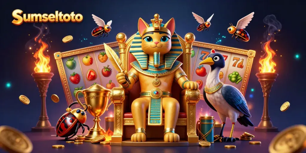 Engaging slot-themed illustration showcasing sumseltoto's features with vibrant characters and playful casino elements.