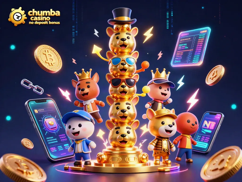 Engage with Chumba Casino no deposit bonus, featuring a colorful casino-themed 3D illustration.