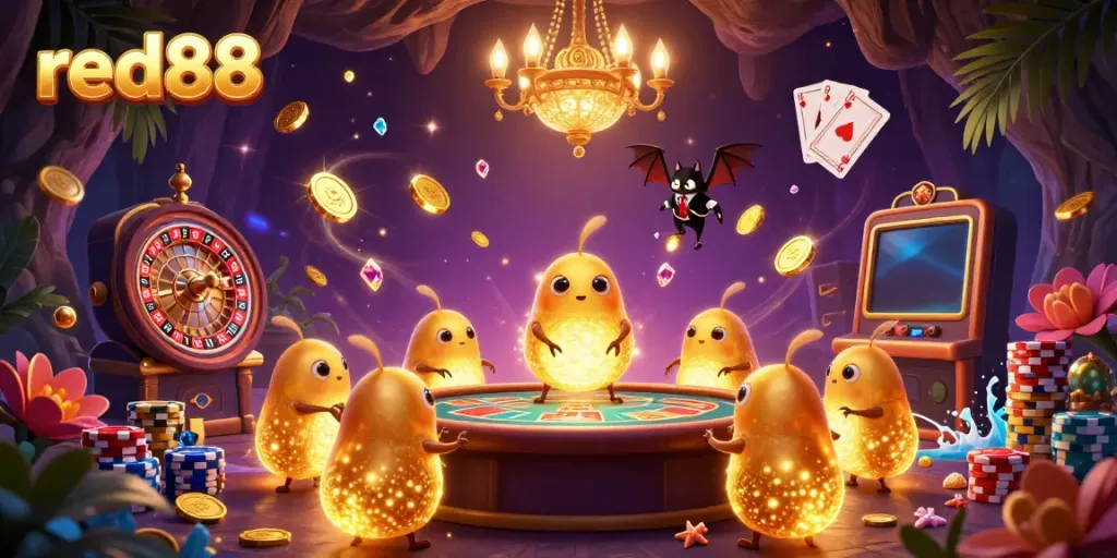 A vibrant 3D scene at the red88 casino with glowworms and a bat dealer, depicting thrilling gaming action.