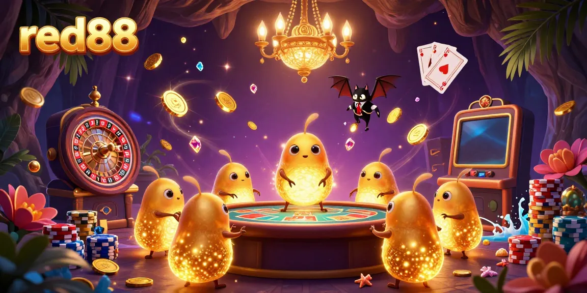 A vibrant 3D scene at the red88 casino with glowworms and a bat dealer, depicting thrilling gaming action.