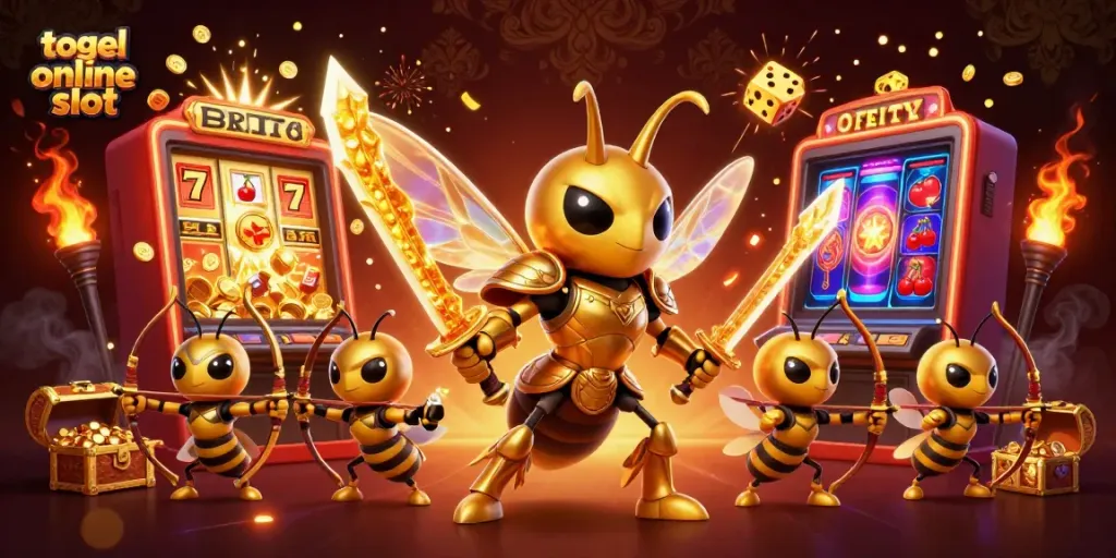 Menggambarkan aksi togel online slot dengan karakter kartun 3D raja lebah bersenjata katana berkilau di tengah permainan slot berlimpah koin.