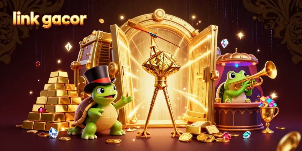 Experience thrilling wins with link gacor in a lively 3D casino scene filled with treasures.