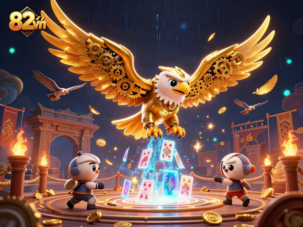 Engage in thrilling bets with 82vn featuring a cybernetic eagle in a vibrant casino scene.