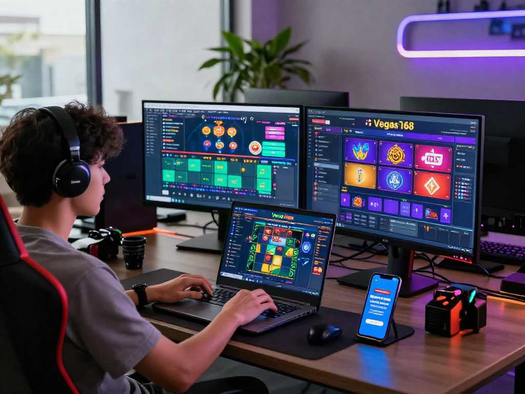 Pengguna aktif bermain di platform vegas168 dalam suasana kantor modern yang bercahaya cerah.