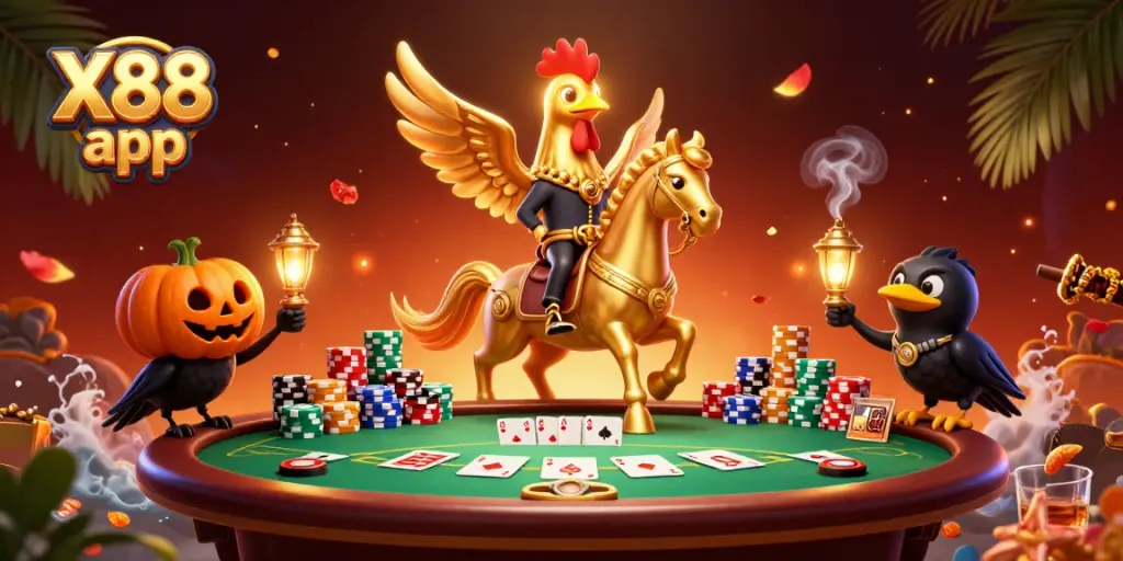 Experience thrilling gameplay with the X88 app's vibrant casino-themed illustration.