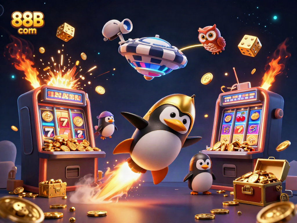 Experience the thrill of 88B com with an exciting 3D casino scene featuring a golden penguin and jackpot elements.