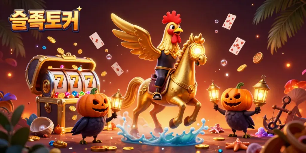 Experience engaging gameplay at 슬롯토커 with golden rooster riding a spectral horse in a vibrant casino scene.