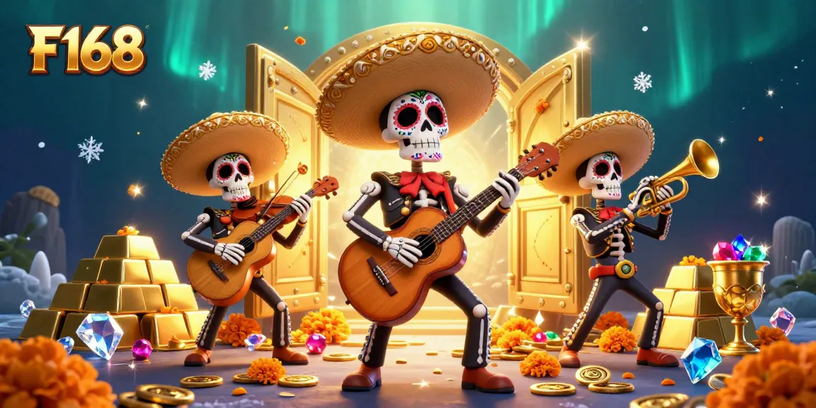 Experience vibrant gaming excitement at F168 with a colorful casino scene featuring dynamic mariachi skeletons.