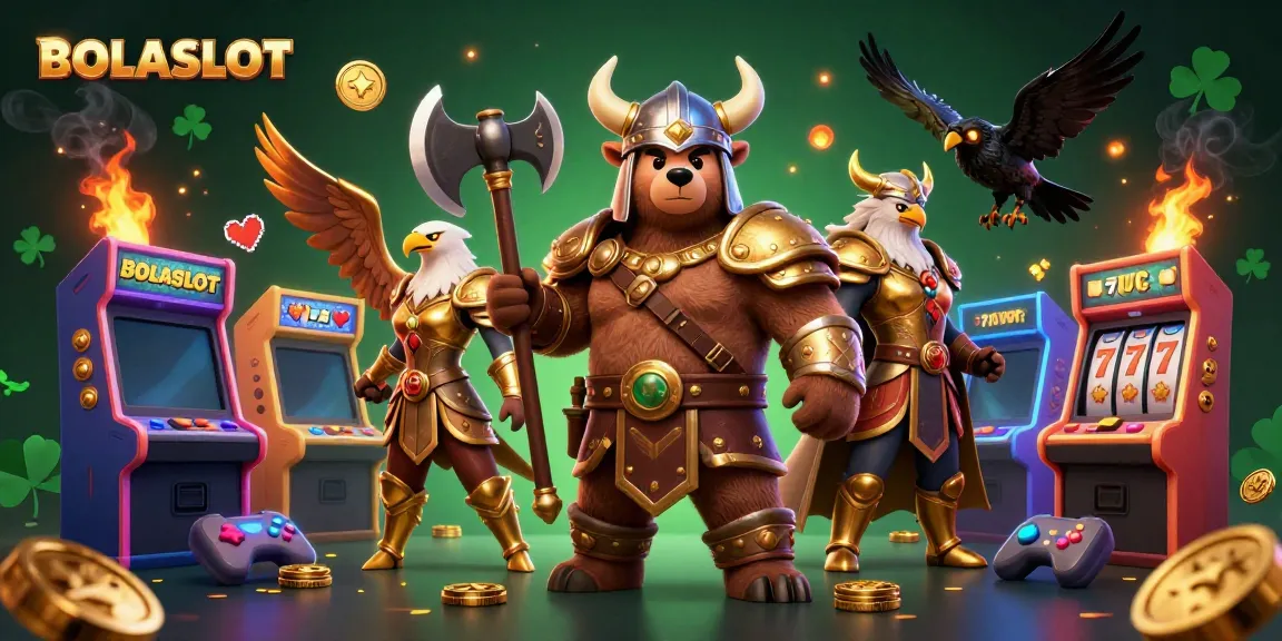 Engage with BOLASLOT's thrilling atmosphere, featuring a Viking bear and Valkyrie amidst colorful slot machines.