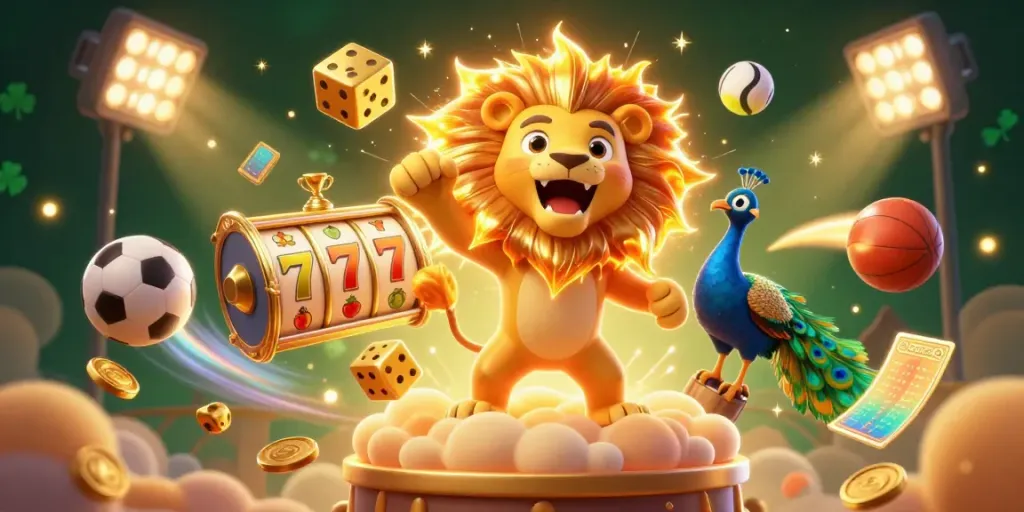 Experience thrilling slot action with a roaring lion, vibrant game elements, and rich casino visuals.