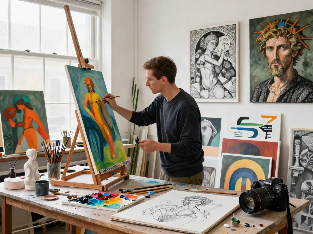 Bruce Bailey Toronto creating art in a vibrant studio filled with influences