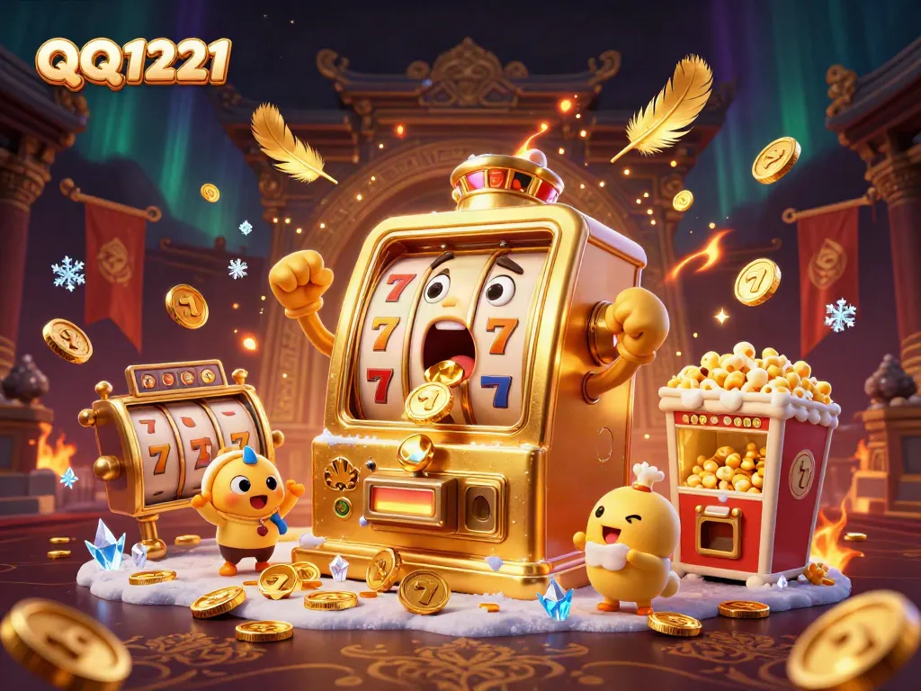 Watch QQ1221's golden slot machine roar in victory as coins pour out, amidst cheering baby slots and a popcorn machine.