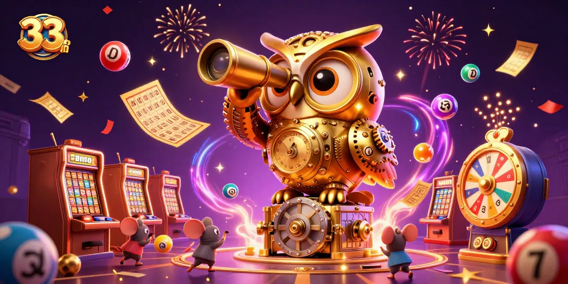 Experience the excitement of 33win with a dynamic casino scene featuring a golden owl and lively lottery elements.