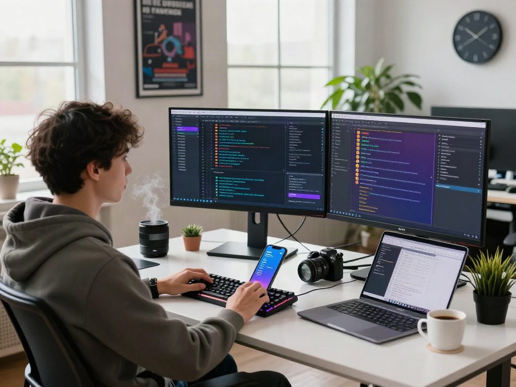 Chat interface and coding setup for gbwhatsapp in a modern office.