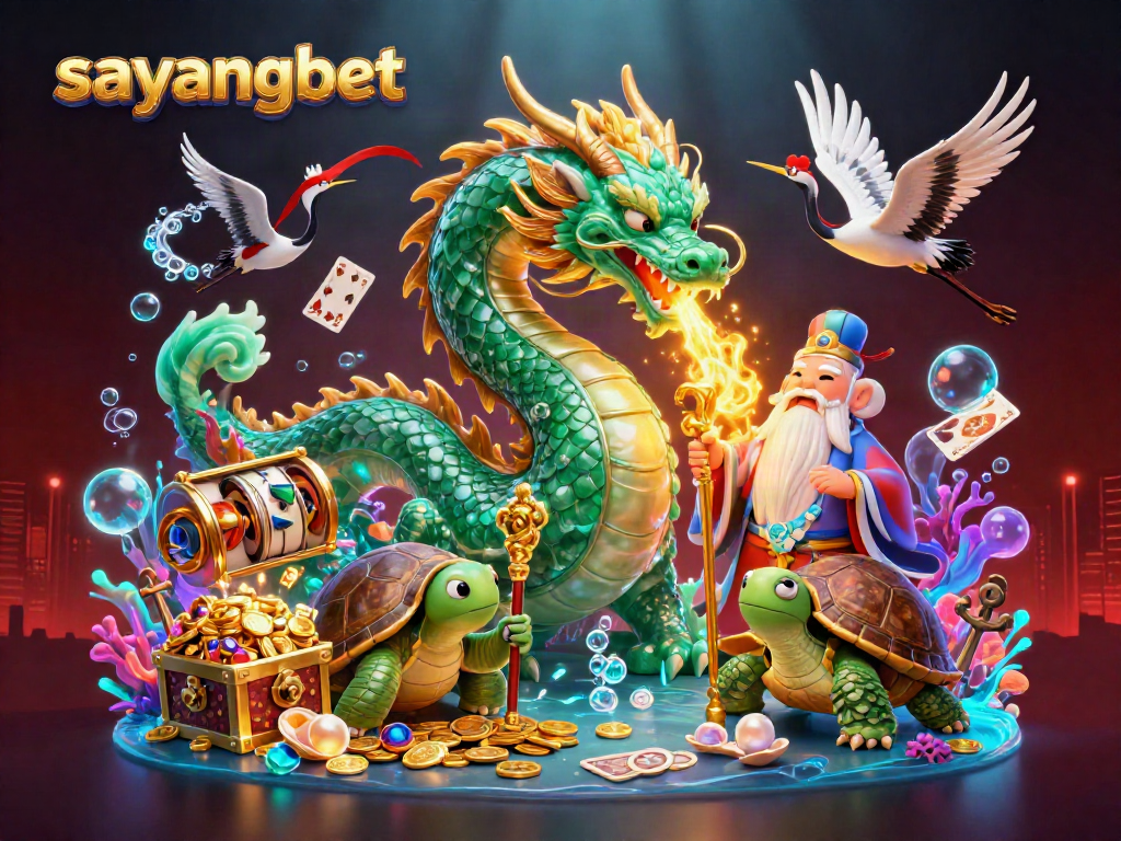 Play dynamic games with sayangbet as a dragon and wise sage create a vibrant casino undersea scene.