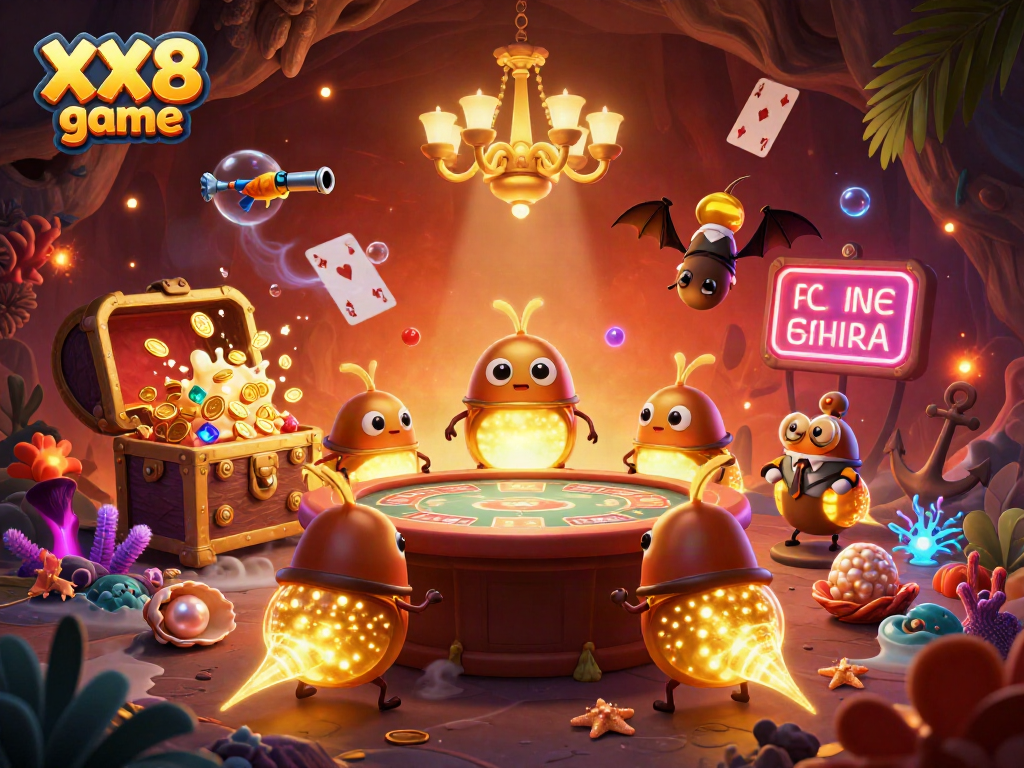 Experience the excitement of the XX8 game as glowworms and a bat dealer illuminate a vibrant casino scene.