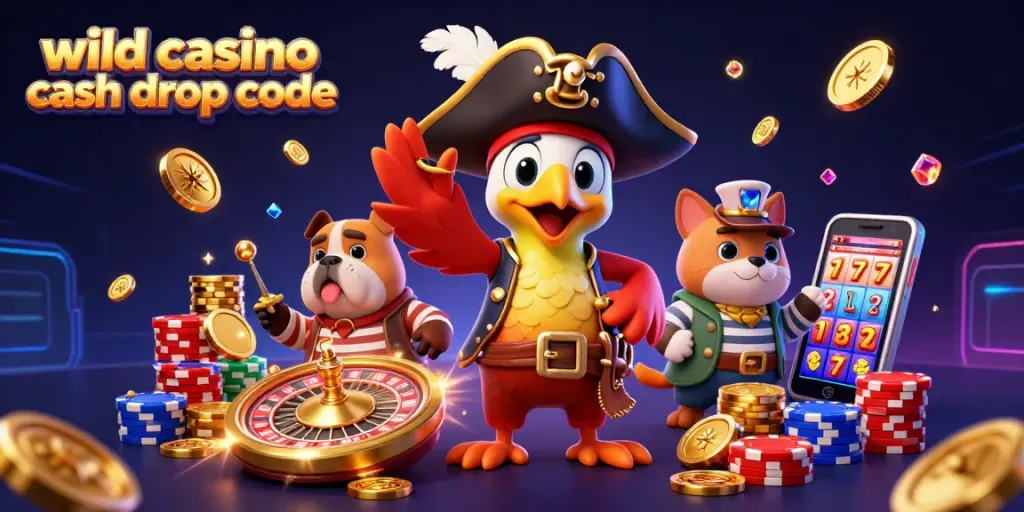 Claim big wins with wild casino cash drop code in this exciting pirate-themed casino illustration.