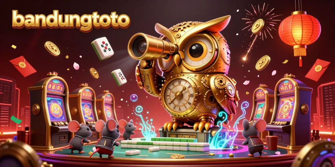 Engage in vibrant gaming adventures with the bandungtoto illustrated scene of a clockwork owl and lively casino.