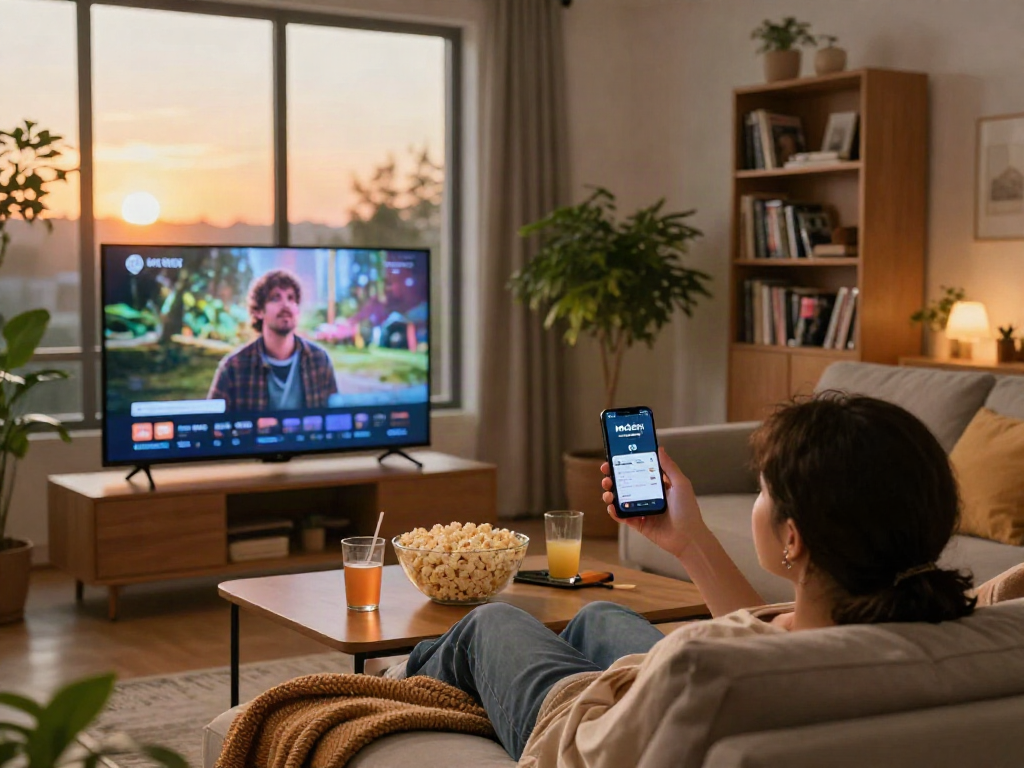Enjoy streaming with Moviebox apk in a cozy living room setup featuring a flat-screen TV.