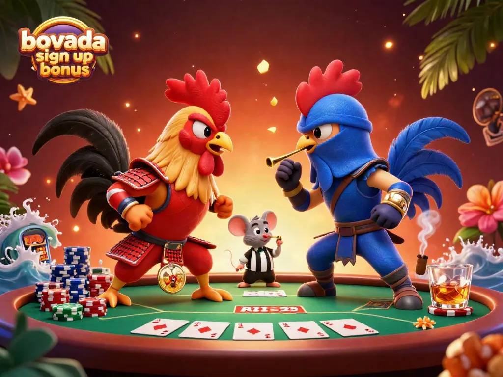 Experience the thrill of the bovada sign up bonus with 3D cartoon fighting roosters in an exciting poker setting.