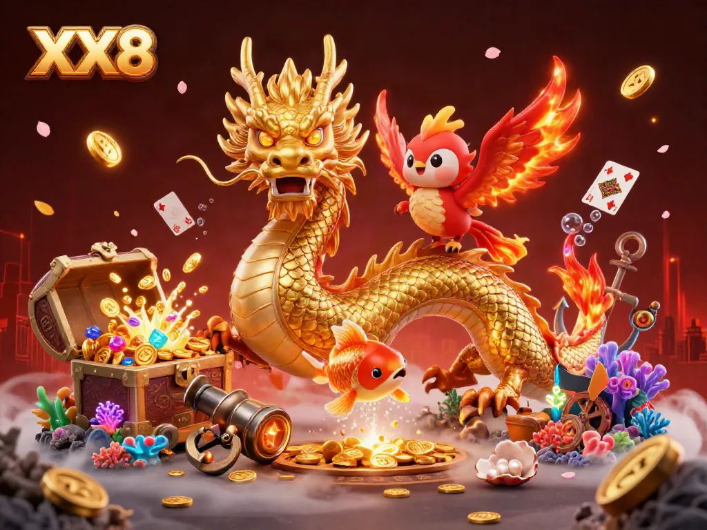 Experience the thrill of XX8 with a vibrant 3D illustration featuring dynamic characters and casino elements.